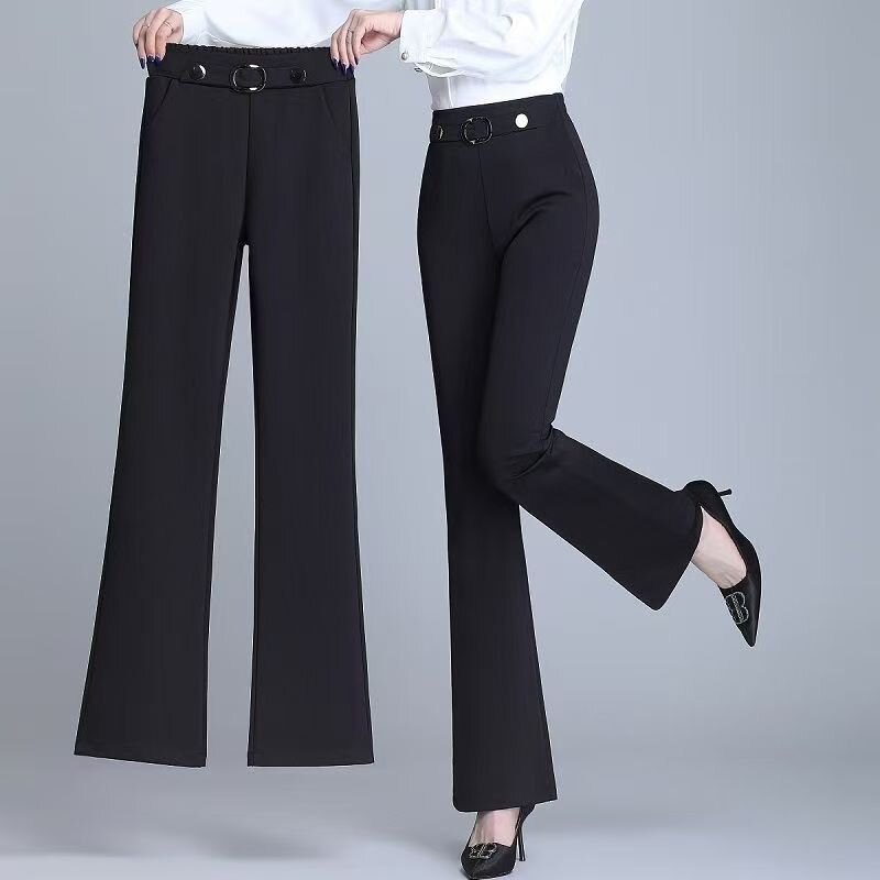 MY15373# 高腰微喇裤新款宽松显瘦长裤垂感百搭休闲裤黑色喇叭裤女裝貨...