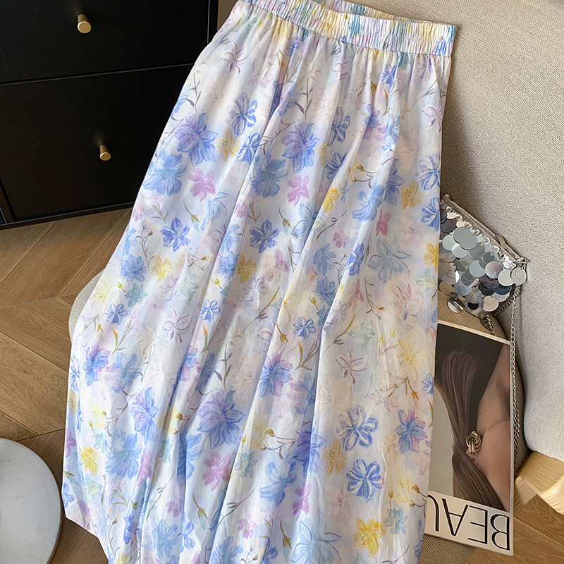 法式碎花花苞裙半身裙女夏季高腰褶皺a字半裙休閑花色中長款裙子