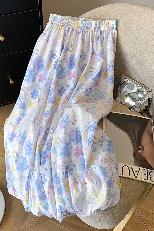 法式碎花花苞裙半身裙女夏季高腰褶皺a字半裙休閑花色中長款裙子