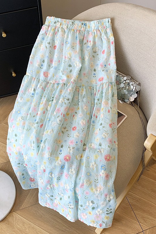 刺繡碎花半身裙女2025春夏季新款松緊腰拼接百搭A字裙