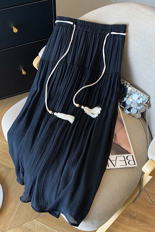 復古休閑棉麻垂墜感長裙女2025春夏新款別致串珠腰鏈半身裙子