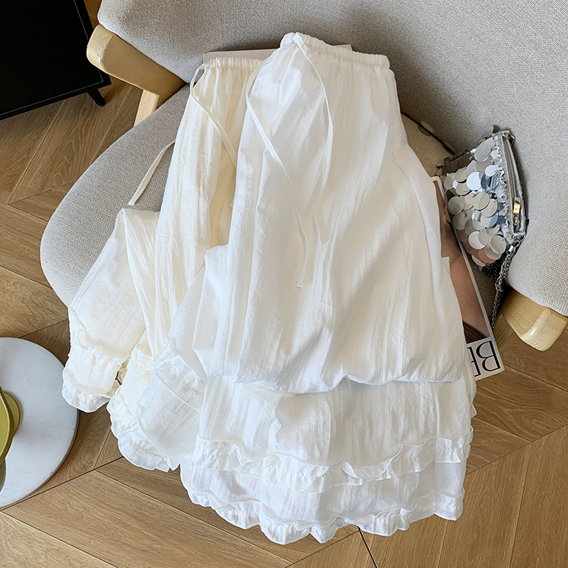 甜美減齡木耳邊拼接抽繩系帶半身裙女夏季2025高腰A字寬松大擺裙
