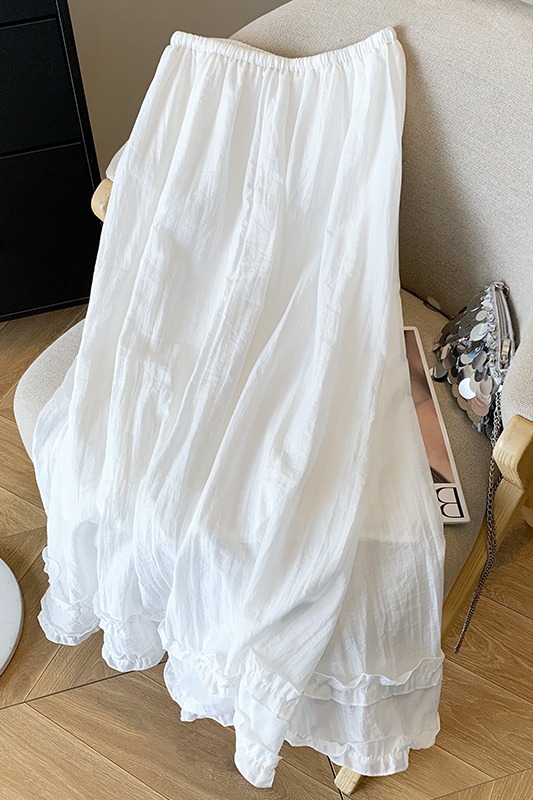 甜美減齡木耳邊拼接抽繩系帶半身裙女夏季2025高腰A字寬松大擺裙