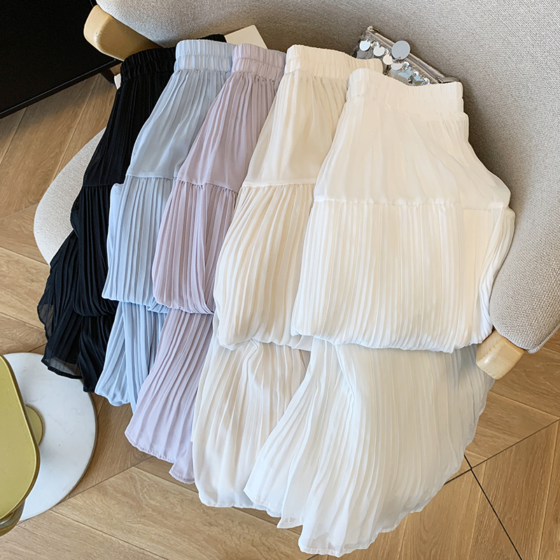 白色雪紡半身裙女中長款2026夏新款A字傘裙大擺裙垂感百褶長裙子
