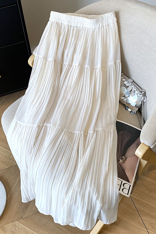 白色雪紡半身裙女中長款2026夏新款A字傘裙大擺裙垂感百褶長裙子
