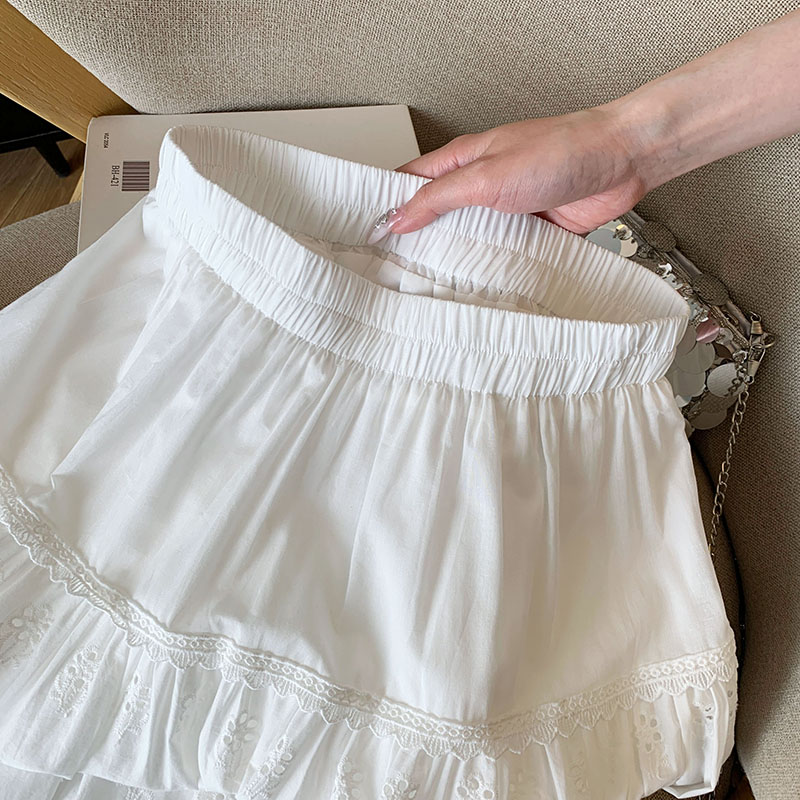 學院風百搭白色鏤空中長款半身裙女夏季松緊腰顯瘦小清新大擺裙子
