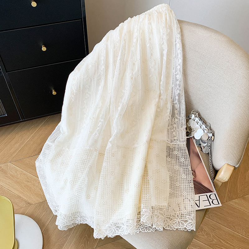 2026春夏“歸淺織羽”米白色4種蕾絲拼接a字中長款半身裙女