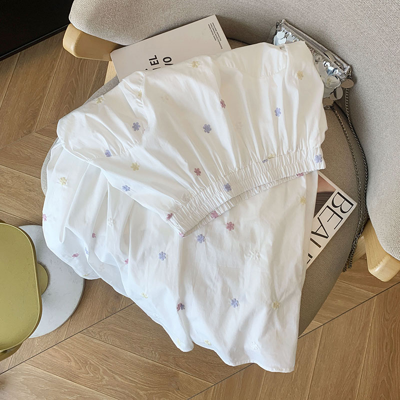 設計感拼接繡花壓褶A字白色半身裙女夏季小清新氣質百搭大擺長裙