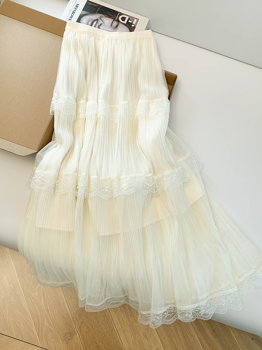 溫柔風蕾絲網紗蛋糕裙百褶半身裙女2026春夏百搭顯瘦a字大擺長裙
