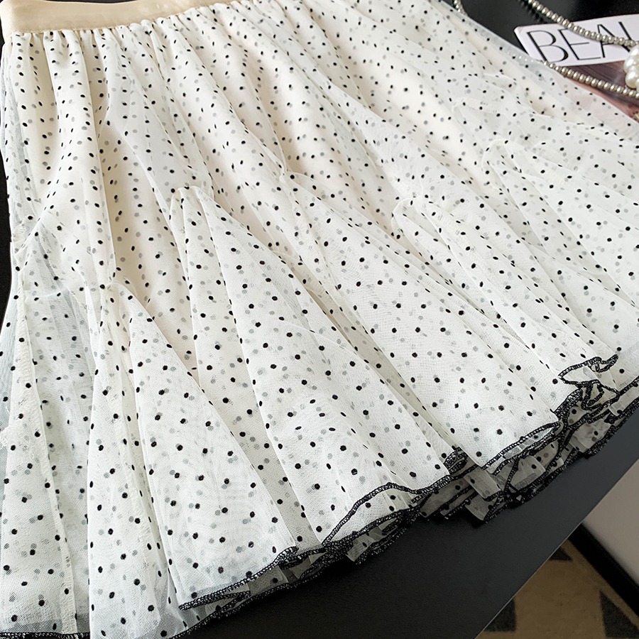 韓系超仙網紗波點半身裙女2026夏季新款松緊腰顯瘦A字短裙子