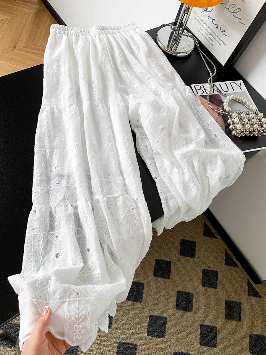 白色鏤空蕾絲闊腿褲女2026年夏季薄款重工刺繡顯瘦百搭仙女褲裙