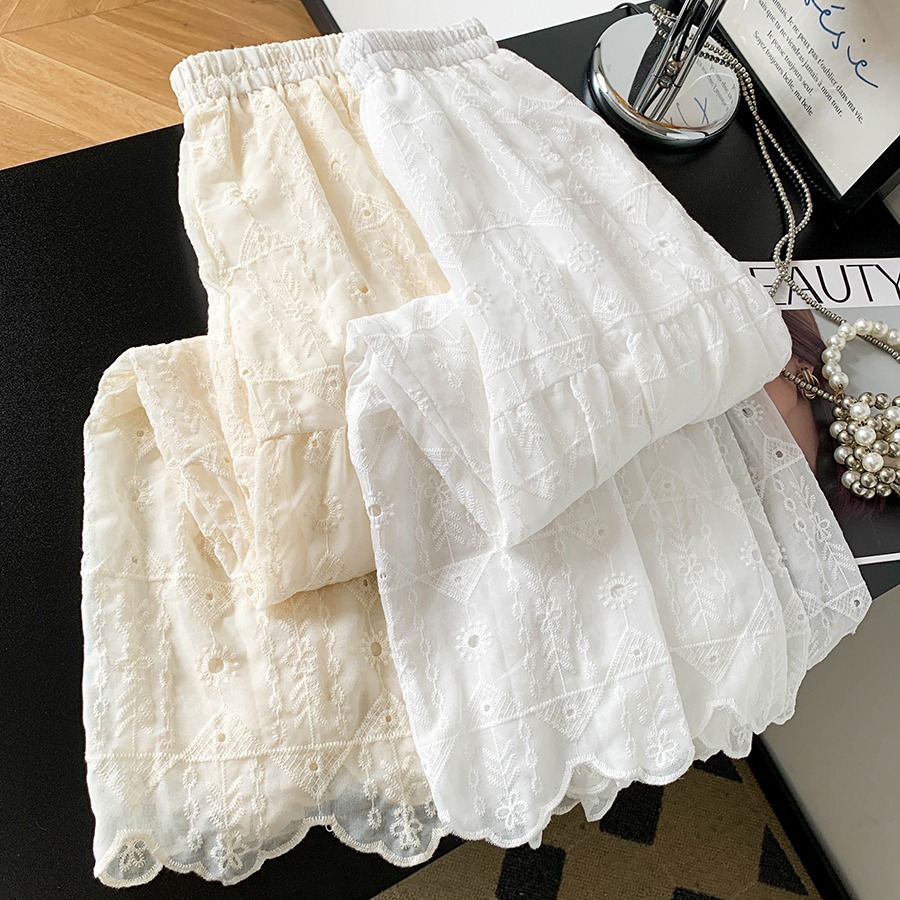 白色鏤空蕾絲闊腿褲女2026年夏季薄款重工刺繡顯瘦百搭仙女褲裙