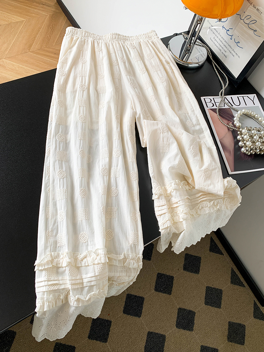 白色蕾絲花邊刺繡鏤空褲子女2026夏薄款褲裙木耳邊寬松闊腿九分褲