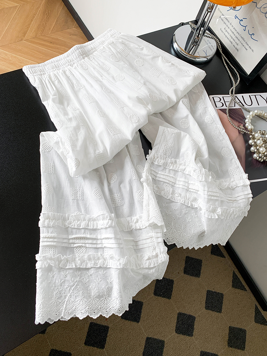 白色蕾絲花邊刺繡鏤空褲子女2026夏薄款褲裙木耳邊寬松闊腿九分褲