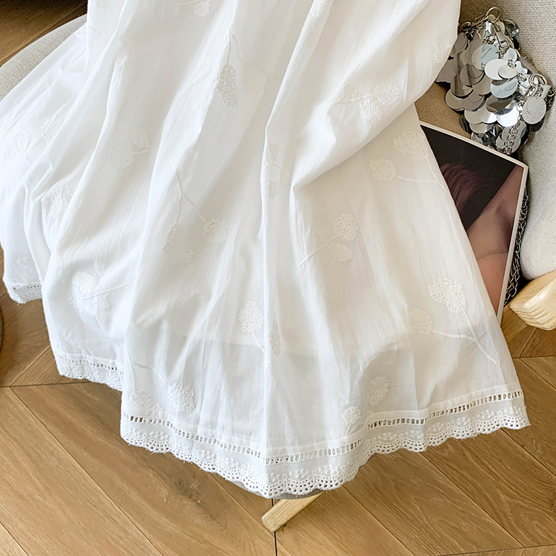 法式白色裙子仙女超仙森系刺繡長裙復古氣質高腰a字半身裙夏