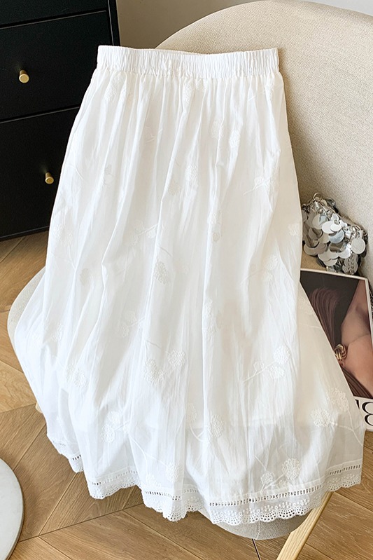 法式白色裙子仙女超仙森系刺繡長裙復古氣質高腰a字半身裙夏
