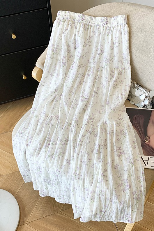 清新復古肌理感高腰碎花半身裙女春夏中長款拼接A字裙子