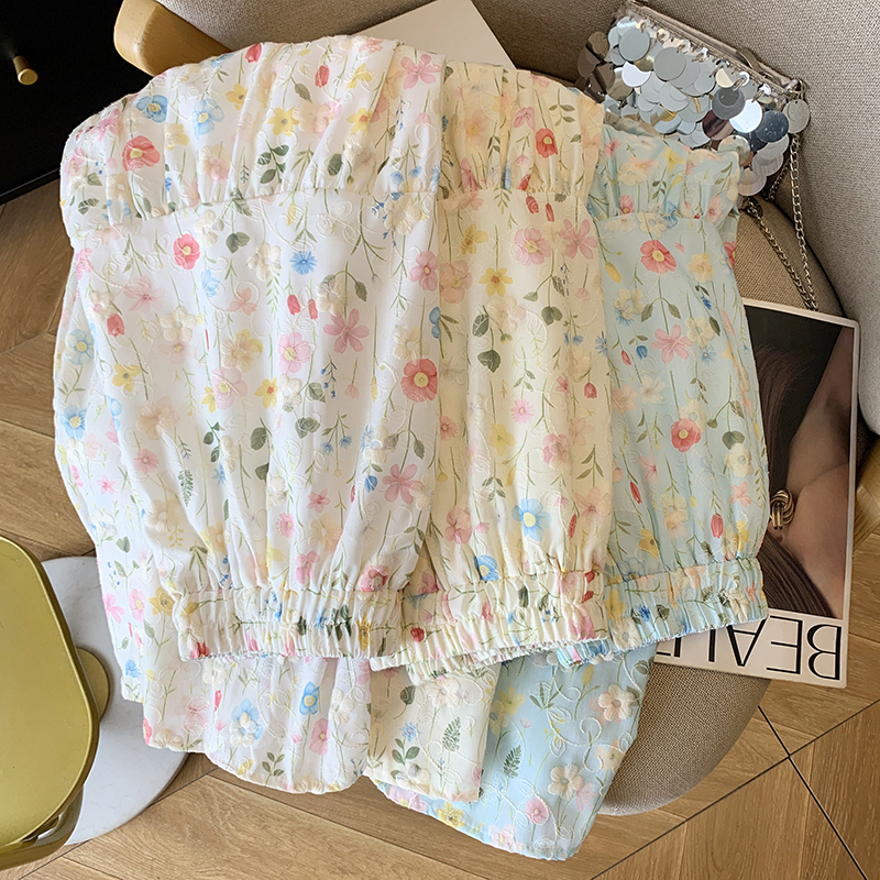 藍色法式小清新碎花刺繡半身裙女夏季設計感高腰氣質壓褶a字傘裙