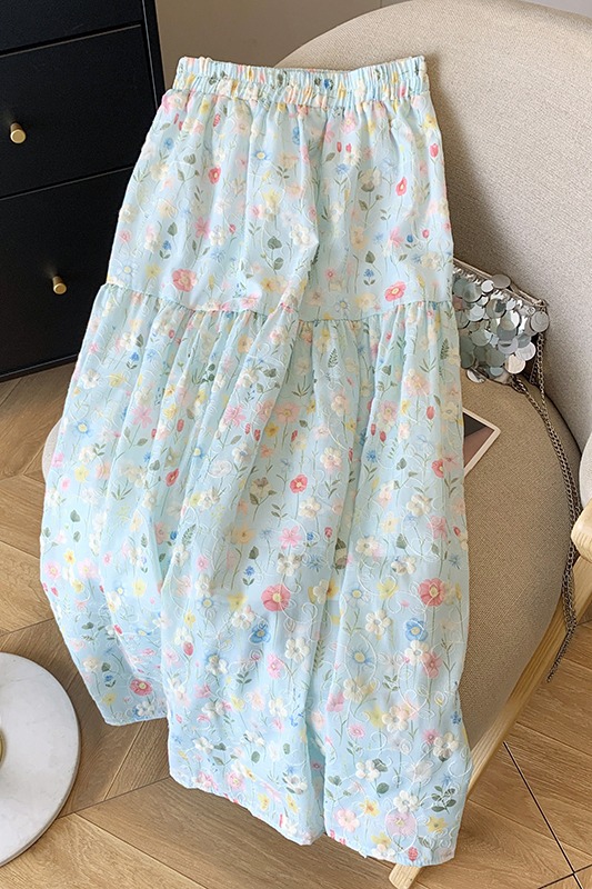 藍色法式小清新碎花刺繡半身裙女夏季設計感高腰氣質壓褶a字傘裙
