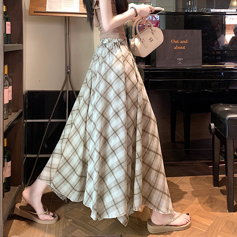 實拍設計感撞色格紋不規則半身裙女夏季復古高腰A字裙大擺裙