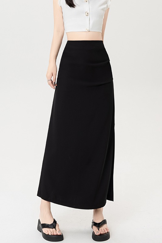 實拍高腰開叉包臀裙半身裙女夏新不規則百褶A字裙中長款裙子