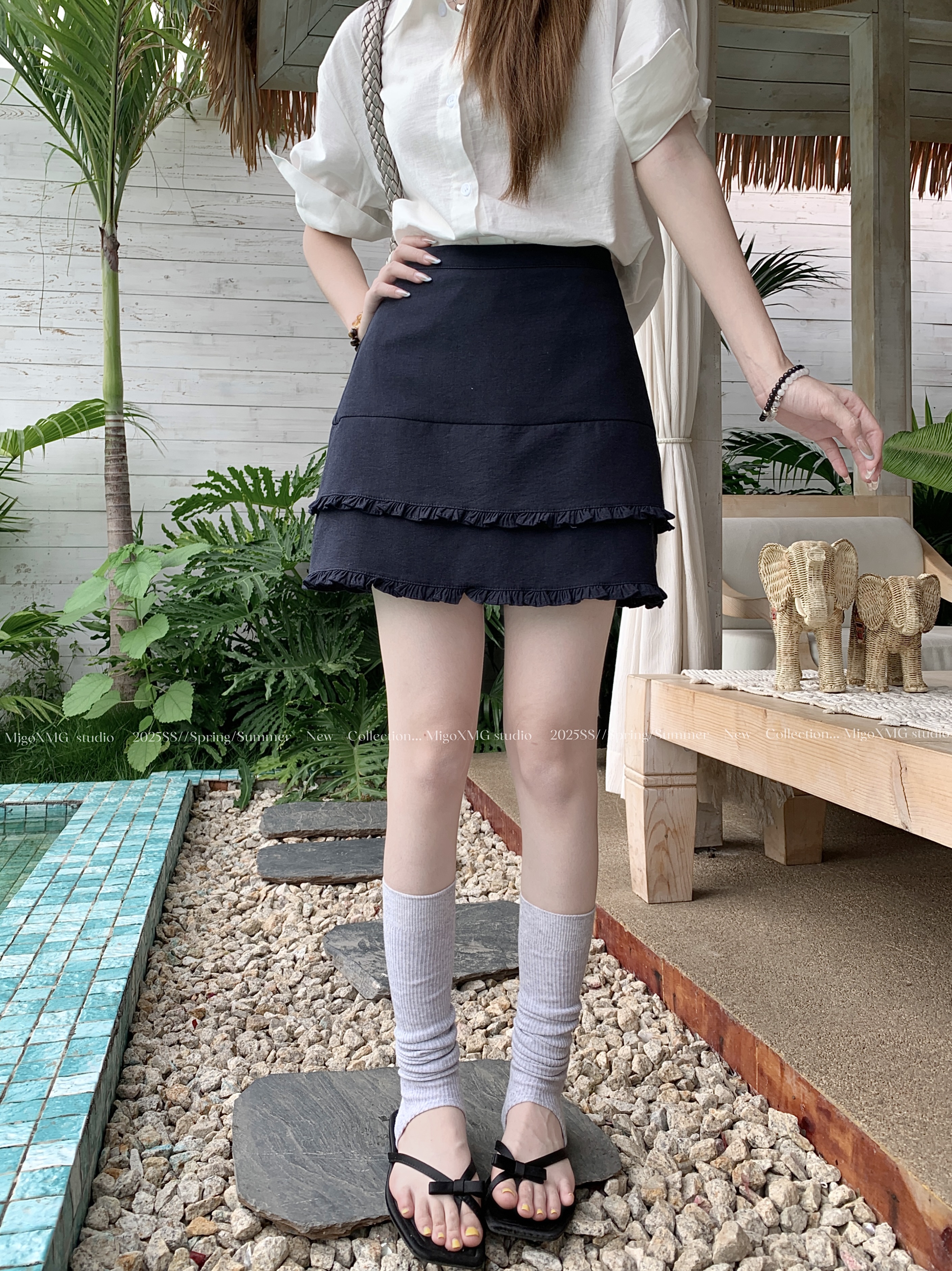 實拍夏季新款高腰顯瘦A字裙木耳邊拼接花邊韓系半身裙短裙女