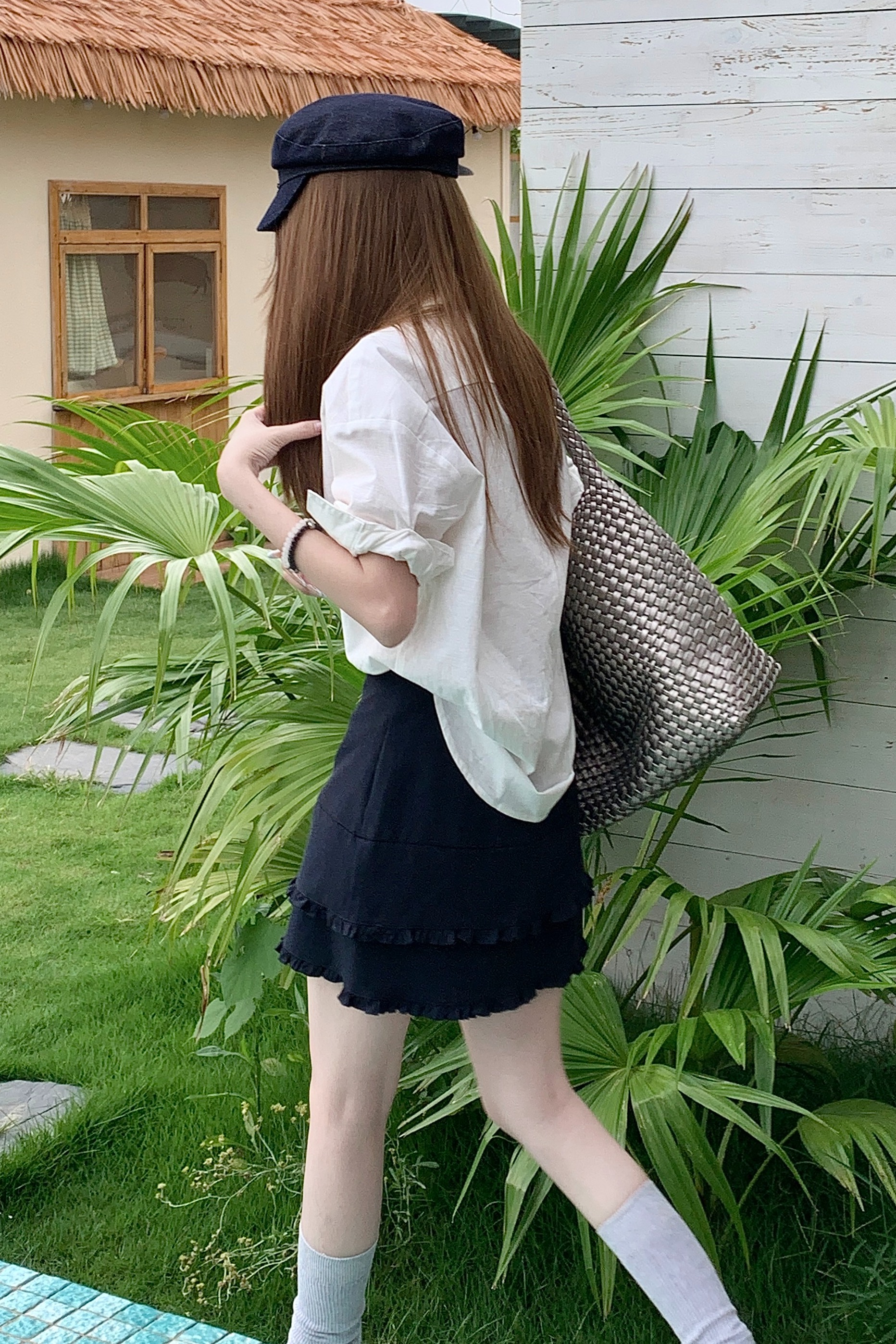 實拍夏季新款高腰顯瘦A字裙木耳邊拼接花邊韓系半身裙短裙女