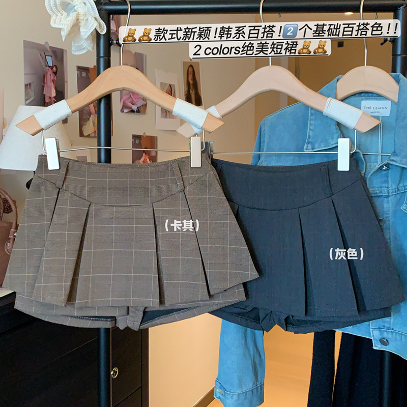 實拍學院風高腰V型半身裙褲女小個子顯高顯瘦a字裙jk百褶短裙