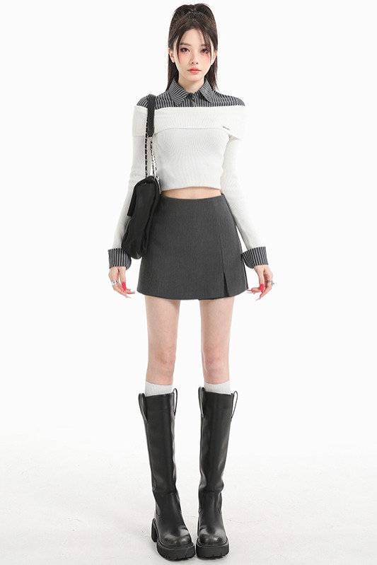 實拍現秋冬灰色開叉半身裙女高腰包臀裙顯瘦a字裙一步裙西裝短裙