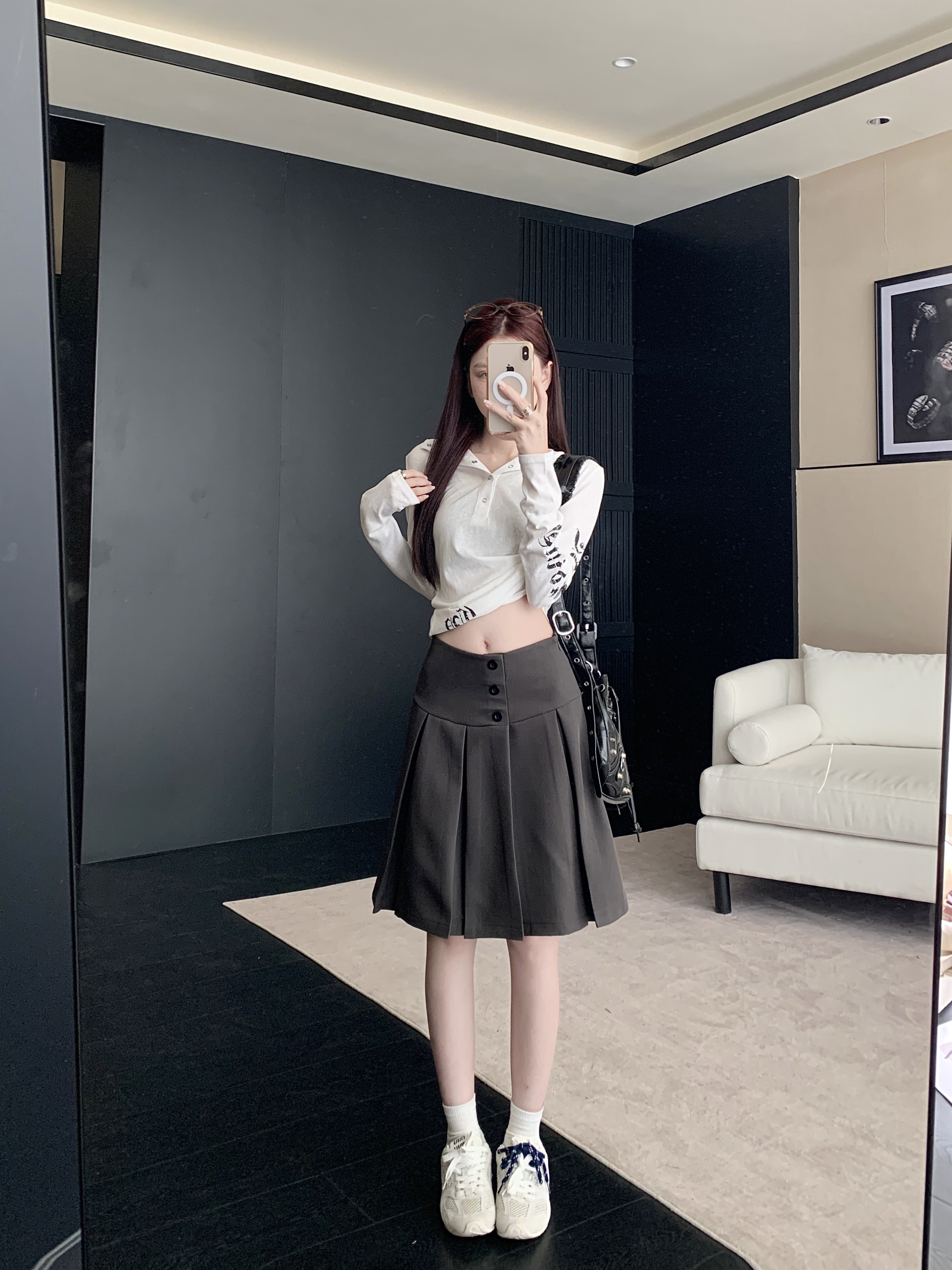 實拍秋冬新款美式灰色百褶半身裙女高腰顯瘦a字西裝百搭中裙