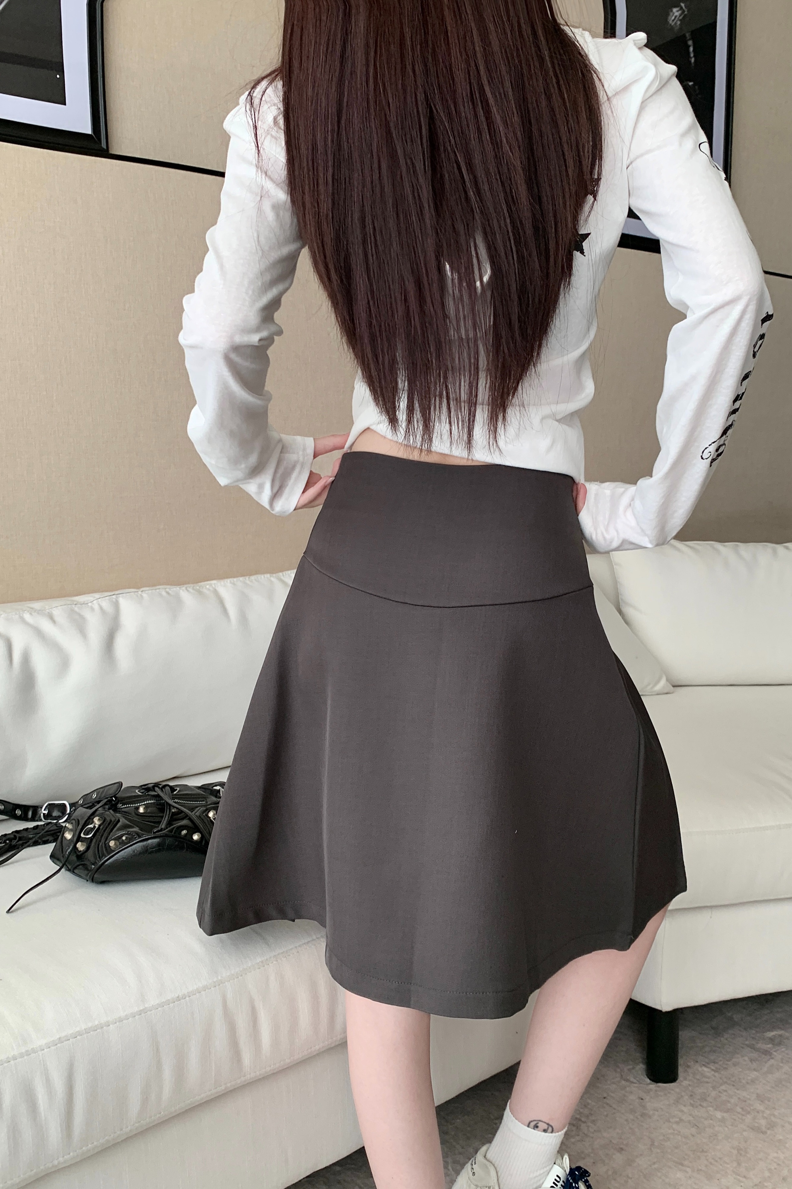 實拍秋冬新款美式灰色百褶半身裙女高腰顯瘦a字西裝百搭中裙