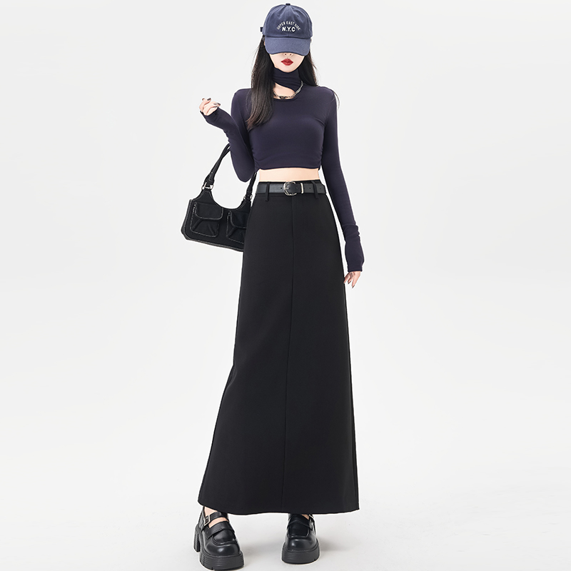 實拍半身裙女2025秋冬新款高腰顯瘦直筒a字中長裙開叉西裝裙