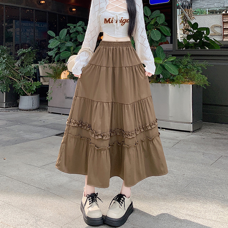 實拍法式甜美木耳邊半身裙女2026春夏秋新款高腰中長款a字裙子