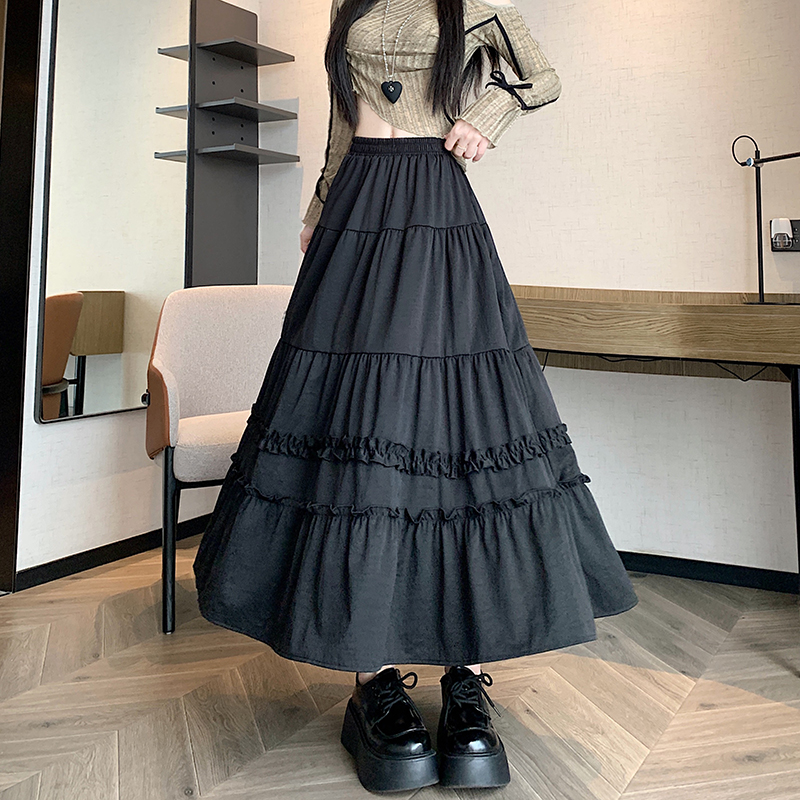 實拍法式甜美木耳邊半身裙女2026春夏秋新款高腰中長款a字裙子