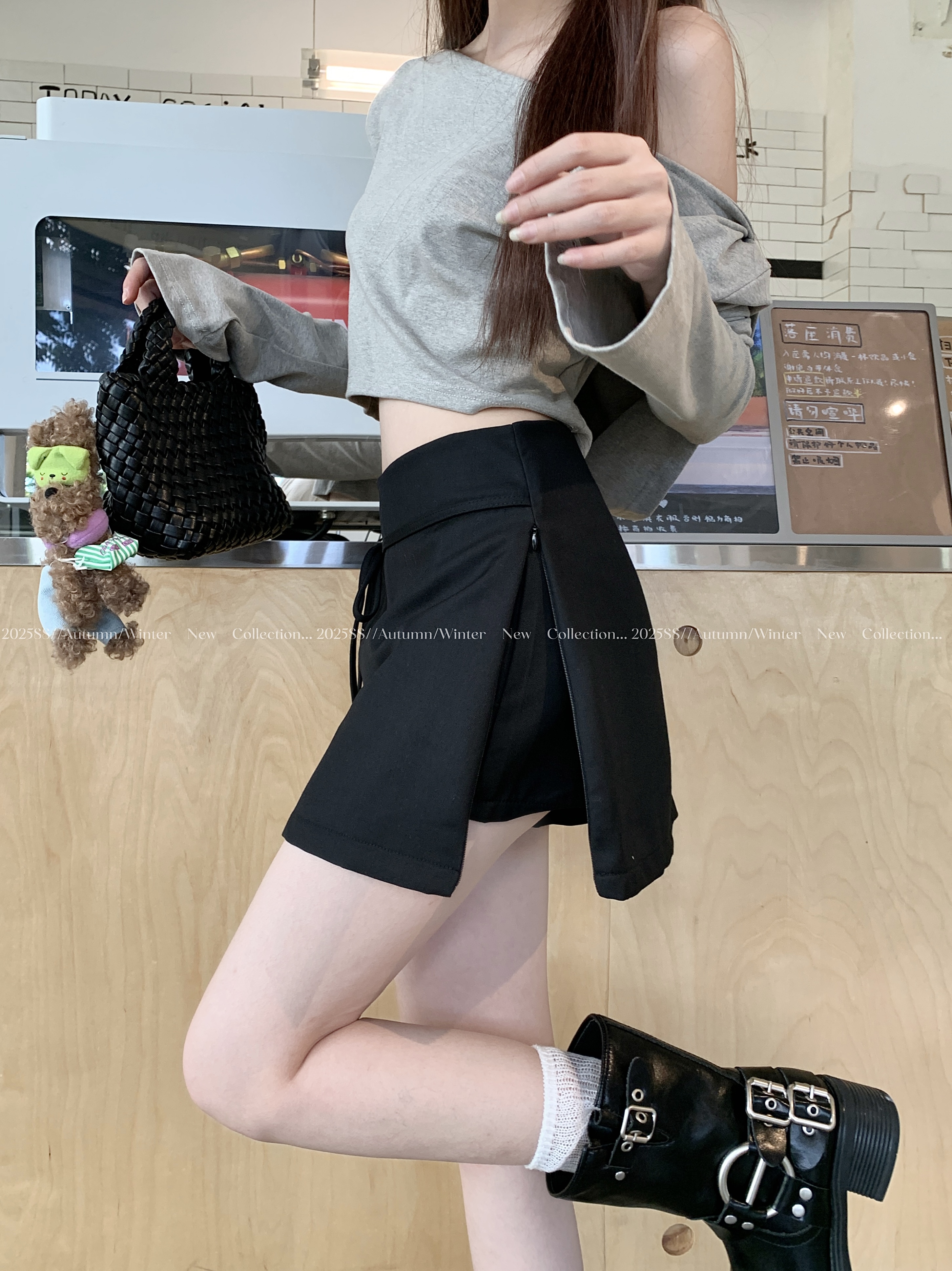 實拍灰色蝴蝶結系帶半身裙女秋季新款高腰a字氣質顯瘦短裙女