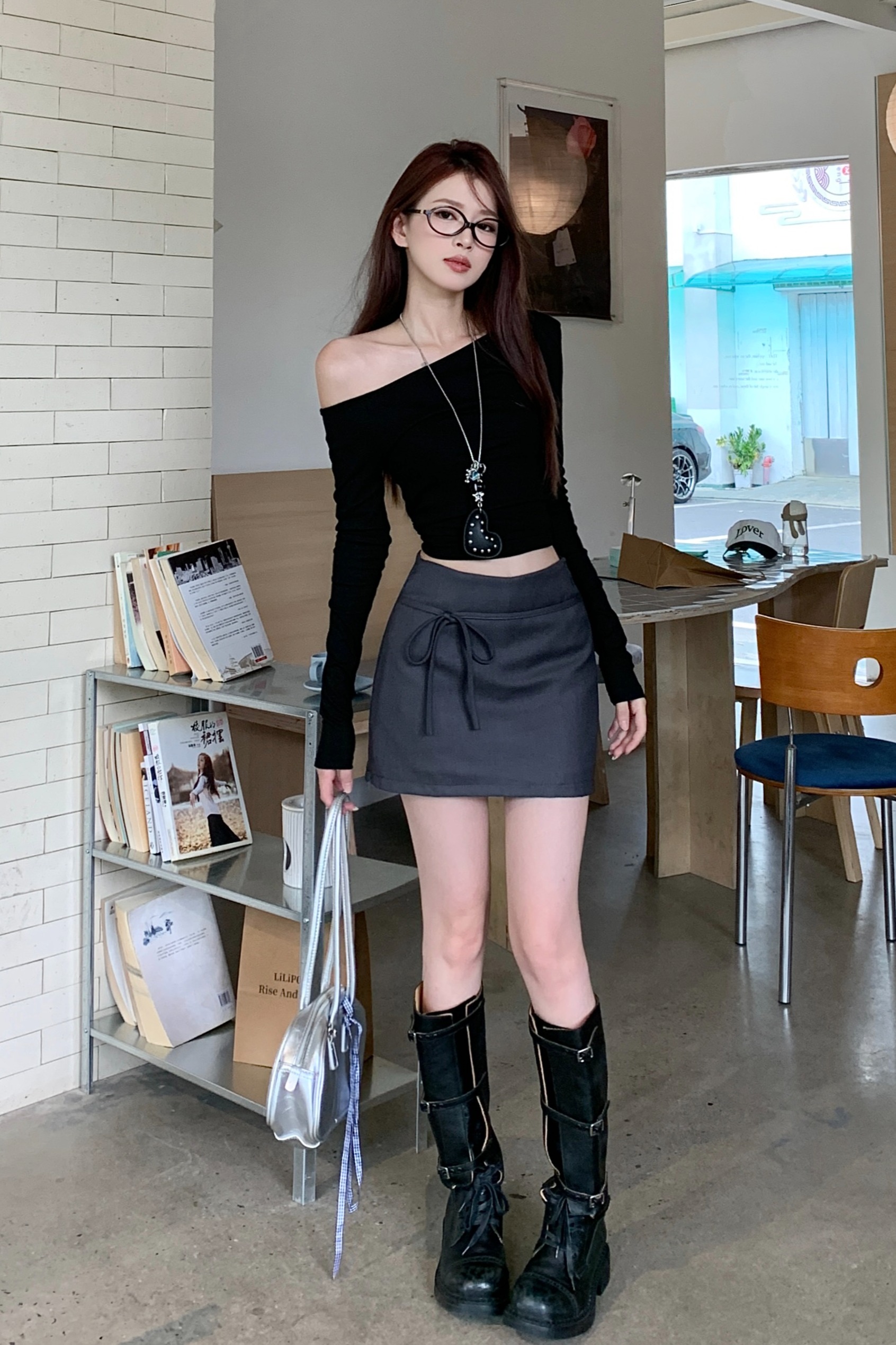 實拍灰色蝴蝶結系帶半身裙女秋季新款高腰a字氣質顯瘦短裙女