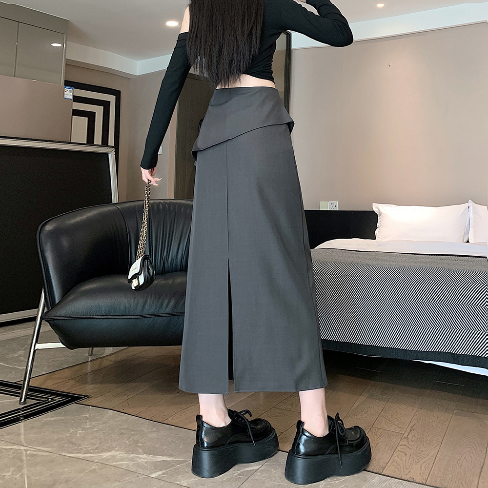 實拍西裝半身裙女秋季2025新款中長款直筒垂墜感開叉包臀裙子