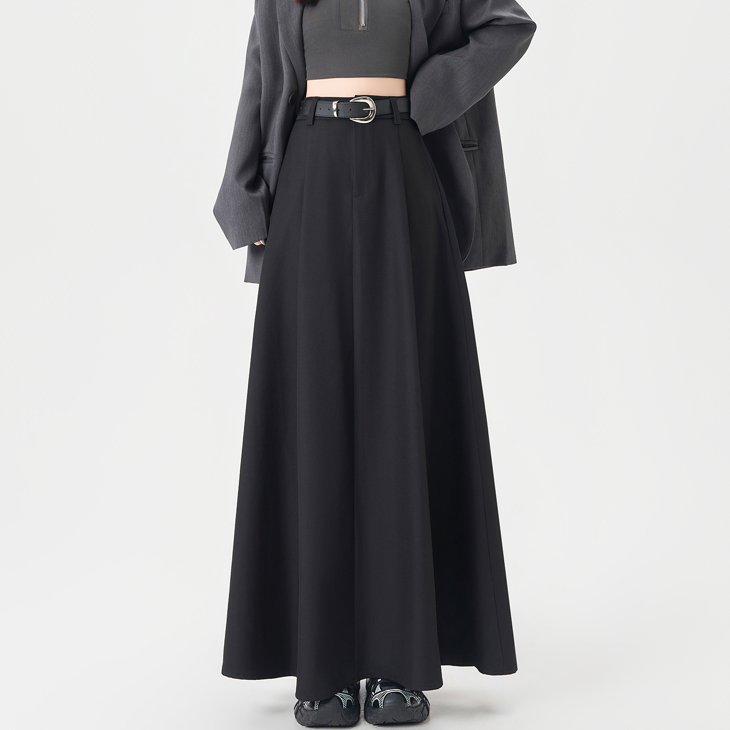 實拍灰色西裝半身裙女2025秋冬新款高腰百褶裙高級垂感a字長裙女