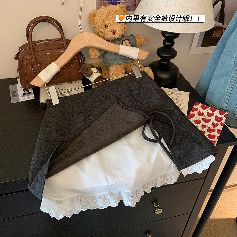 實拍甜美蝴蝶結系帶毛呢半身裙女秋冬季設計感花邊防走光包臀短裙