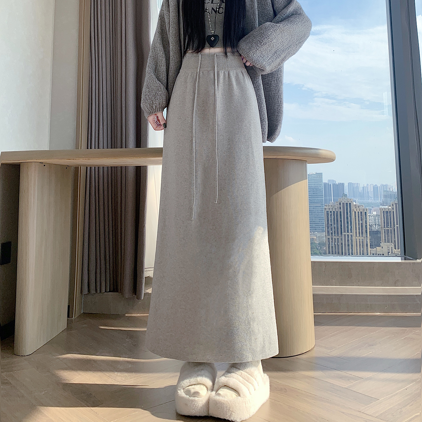 實拍針織半身裙女秋冬糯米裙后開叉垂感長款過膝休閑直筒包臀裙子