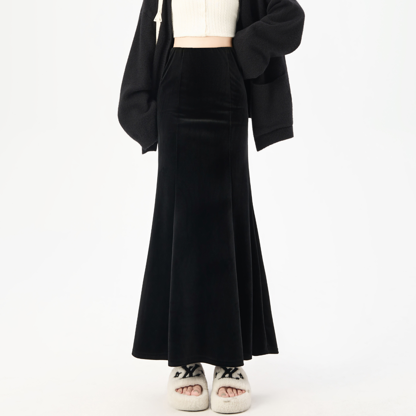 實拍絲絨高腰魚尾裙中長款半身裙女秋冬新款緞面黑色半裙醋酸長裙