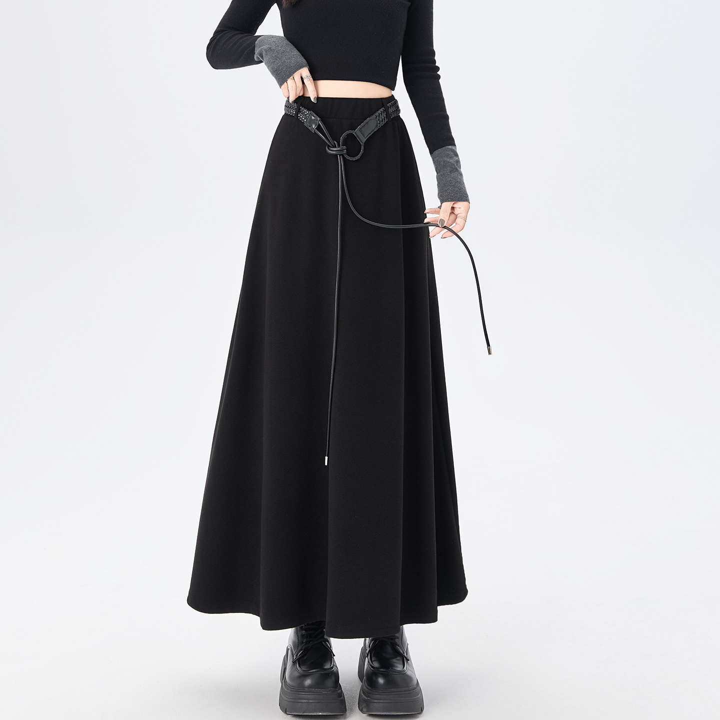 實拍復古高腰A字半身裙女2025秋冬新款配腰帶顯瘦遮胯氣質中長裙
