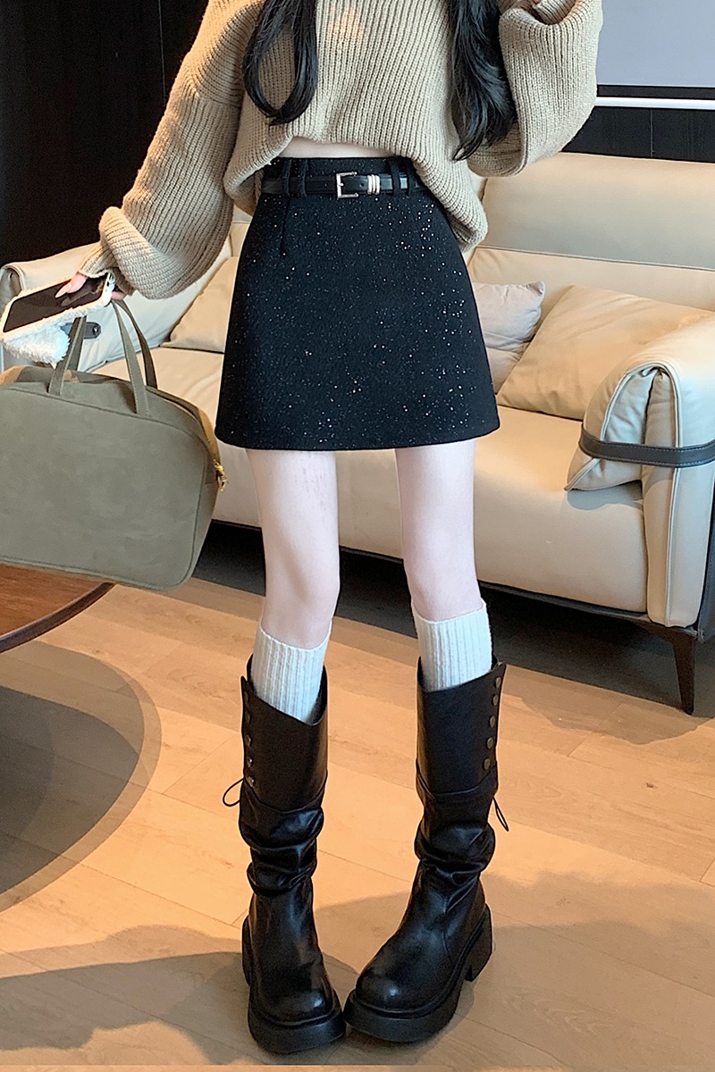 實拍小香風設計感亮片半身裙女秋冬高腰顯瘦a字包臀裙小個子短裙