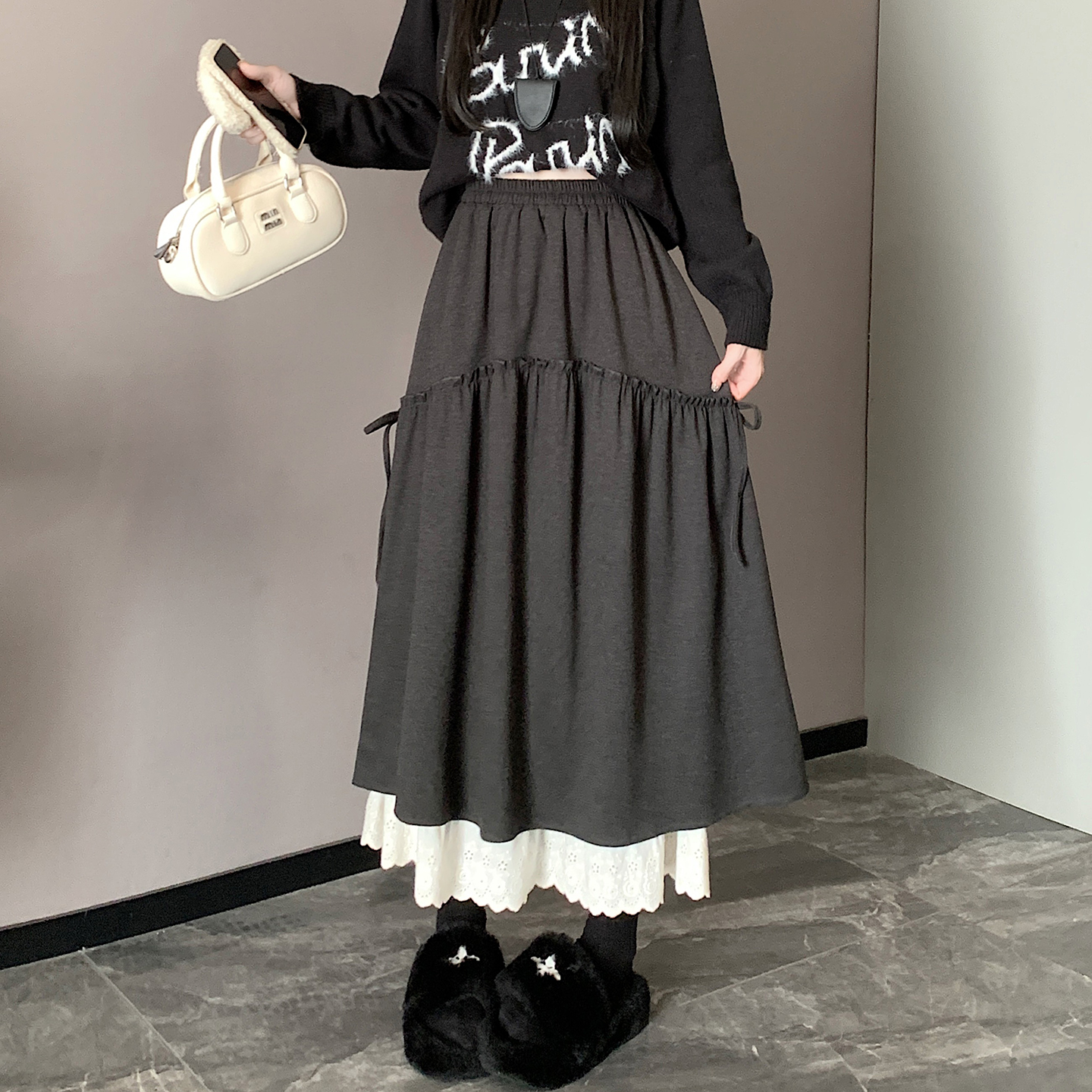 實拍松緊腰木耳邊花邊拼接半身裙女2025秋冬新款高腰顯瘦a字長裙