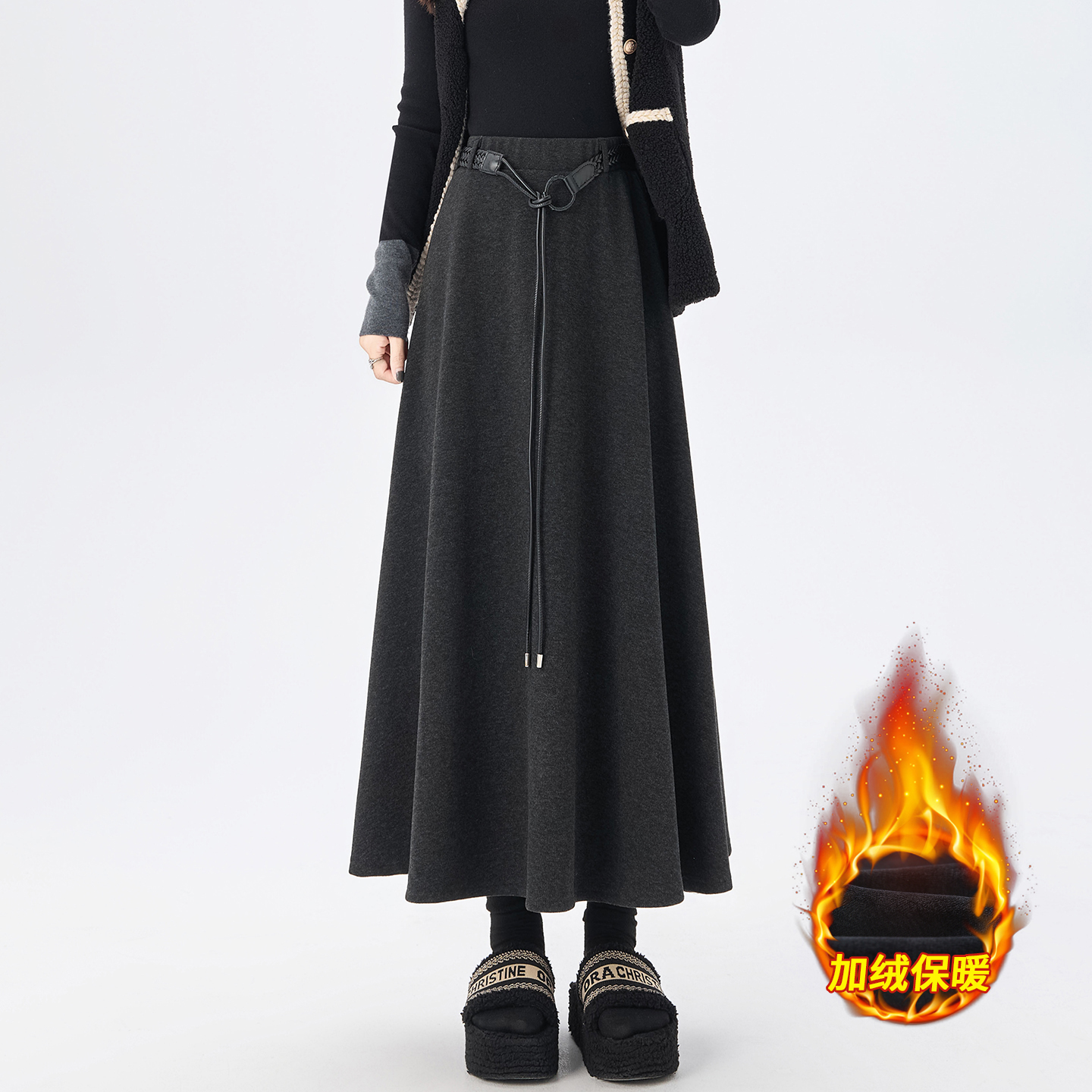 實拍常規和加絨半身裙女2025秋冬新款配腰帶顯瘦遮胯氣質中長裙