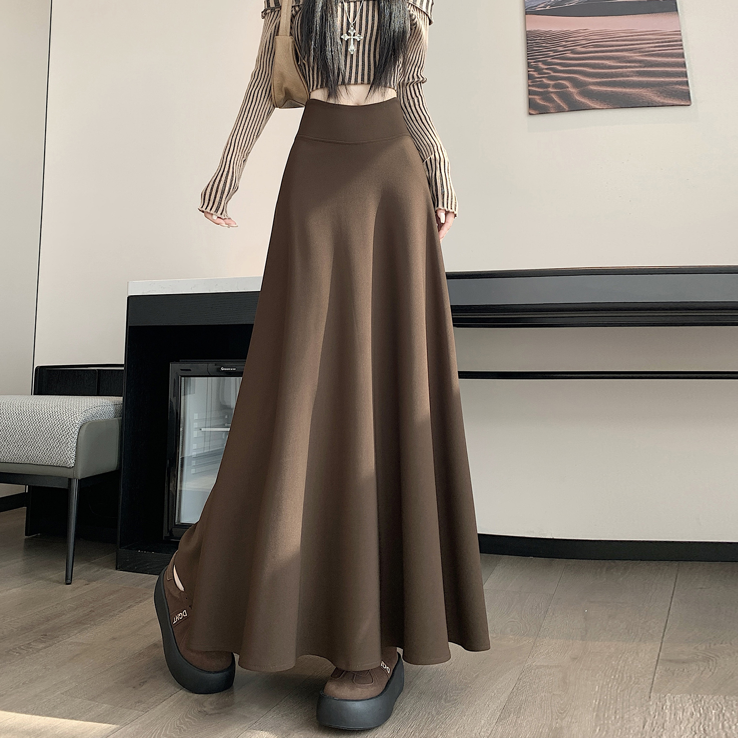實拍常規和加絨半身裙女2025秋冬新款高腰顯瘦垂感a字百褶傘裙女