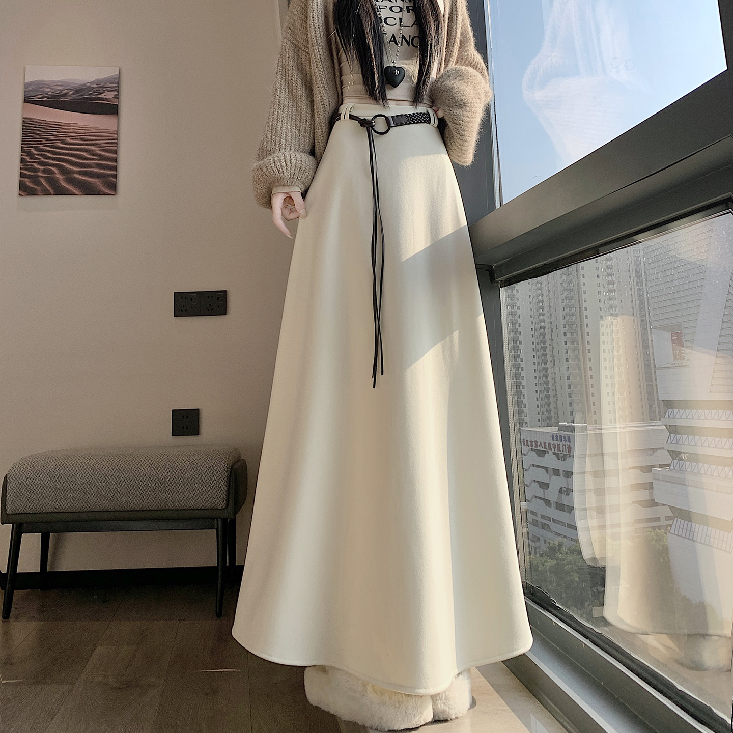實拍毛呢半身裙女2025秋冬季新款垂墜感高腰a字包臀傘裙中長裙子