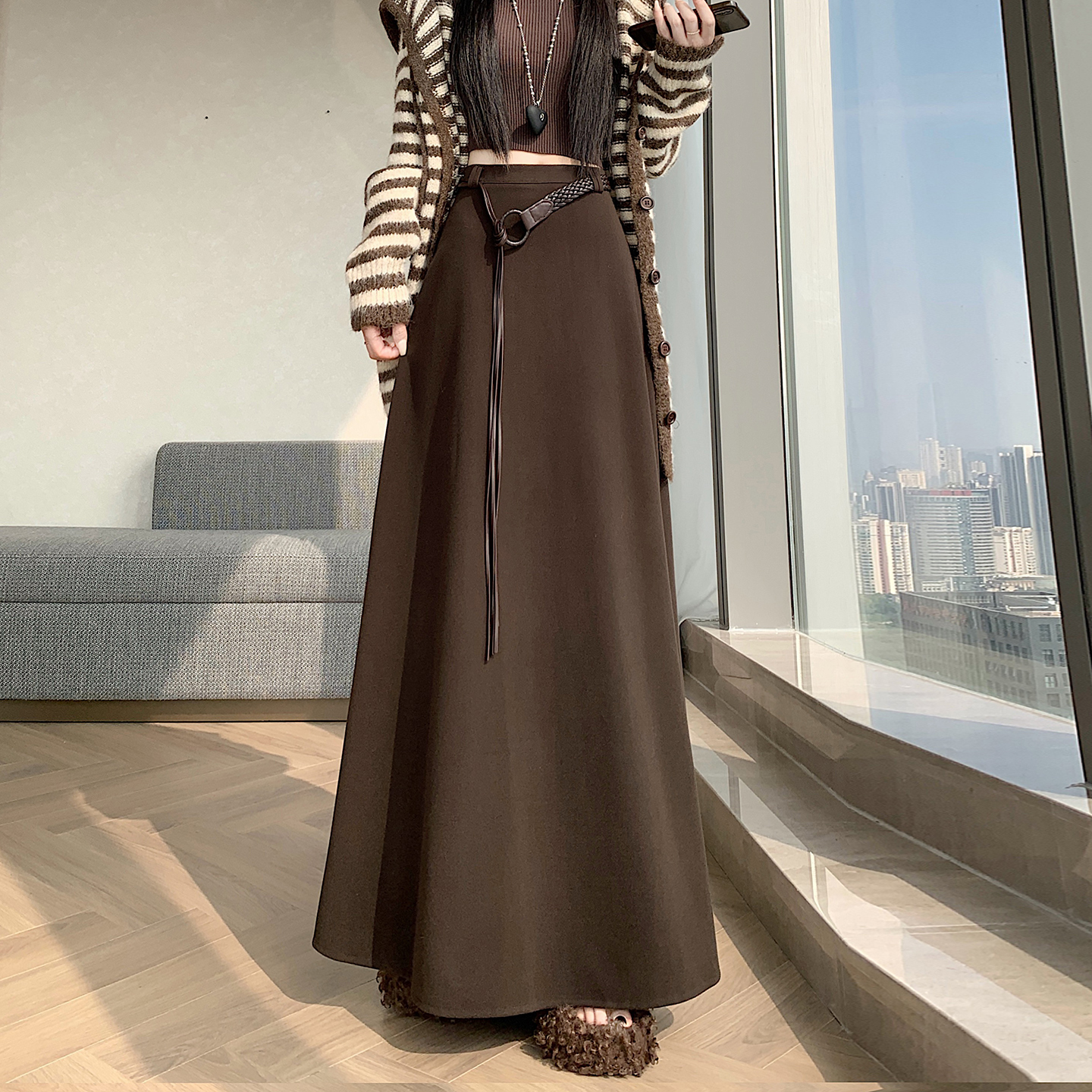 實拍毛呢半身裙女2025秋冬季新款垂墜感高腰a字包臀傘裙中長裙子