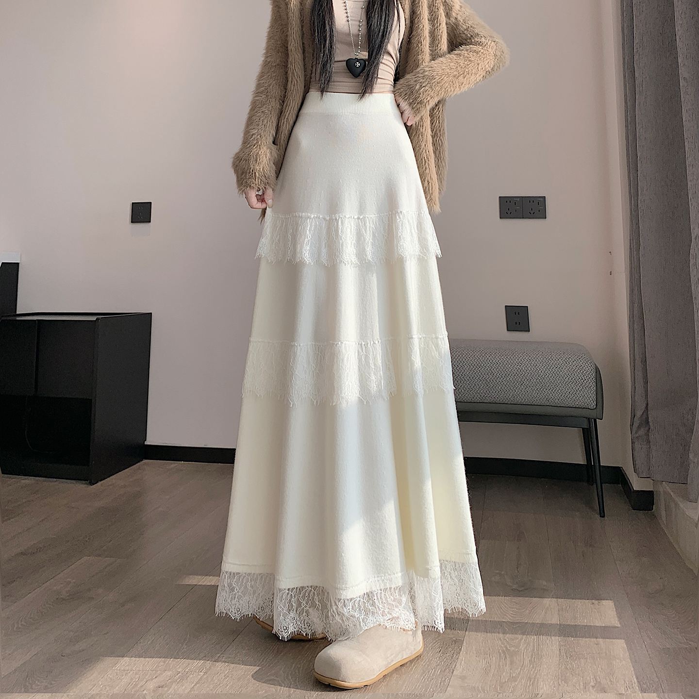 實拍蕾絲花邊蛋糕裙半身裙女秋冬新款垂感軟糯針織長裙疊穿內襯裙