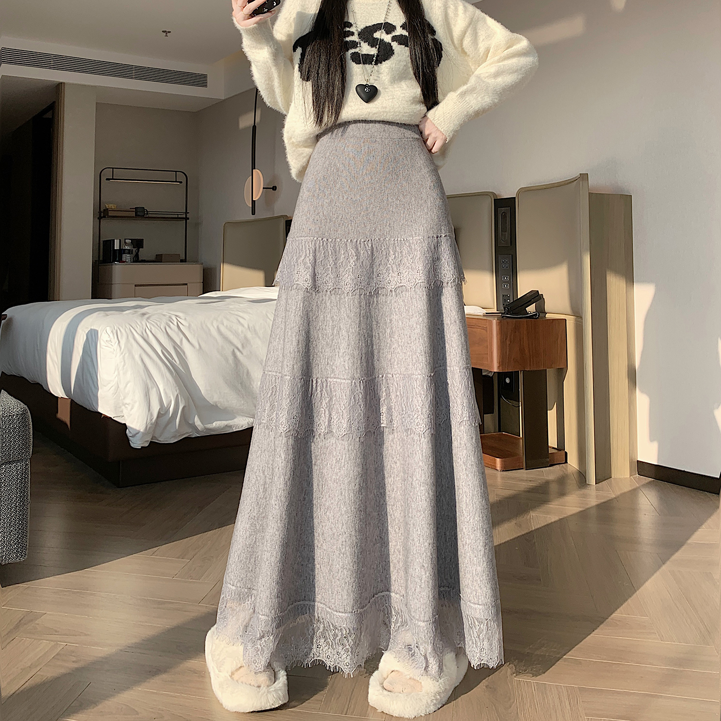 實拍蕾絲花邊蛋糕裙半身裙女秋冬新款垂感軟糯針織長裙疊穿內襯裙